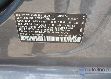 2018 Volkswagen Passat 2.0T Se z USA, uszkodzony, nr VIN 1VWBA7A38JC015592